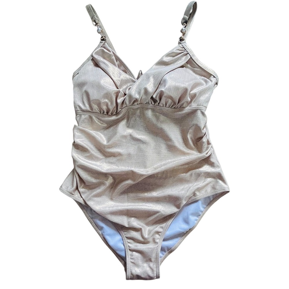 Metallic Gold One Piece Swimsuit Ruched Shimmer V Neck Resort Cruise Size M - Picture 2 of 7